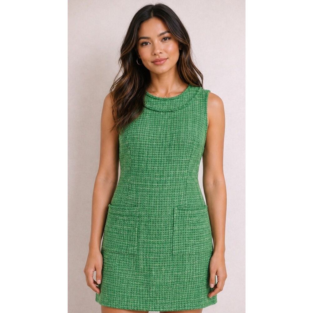 Eliza J Green Tweed Sheath Dress Sleeveless Pocket Career Cocktail Dress Size 8